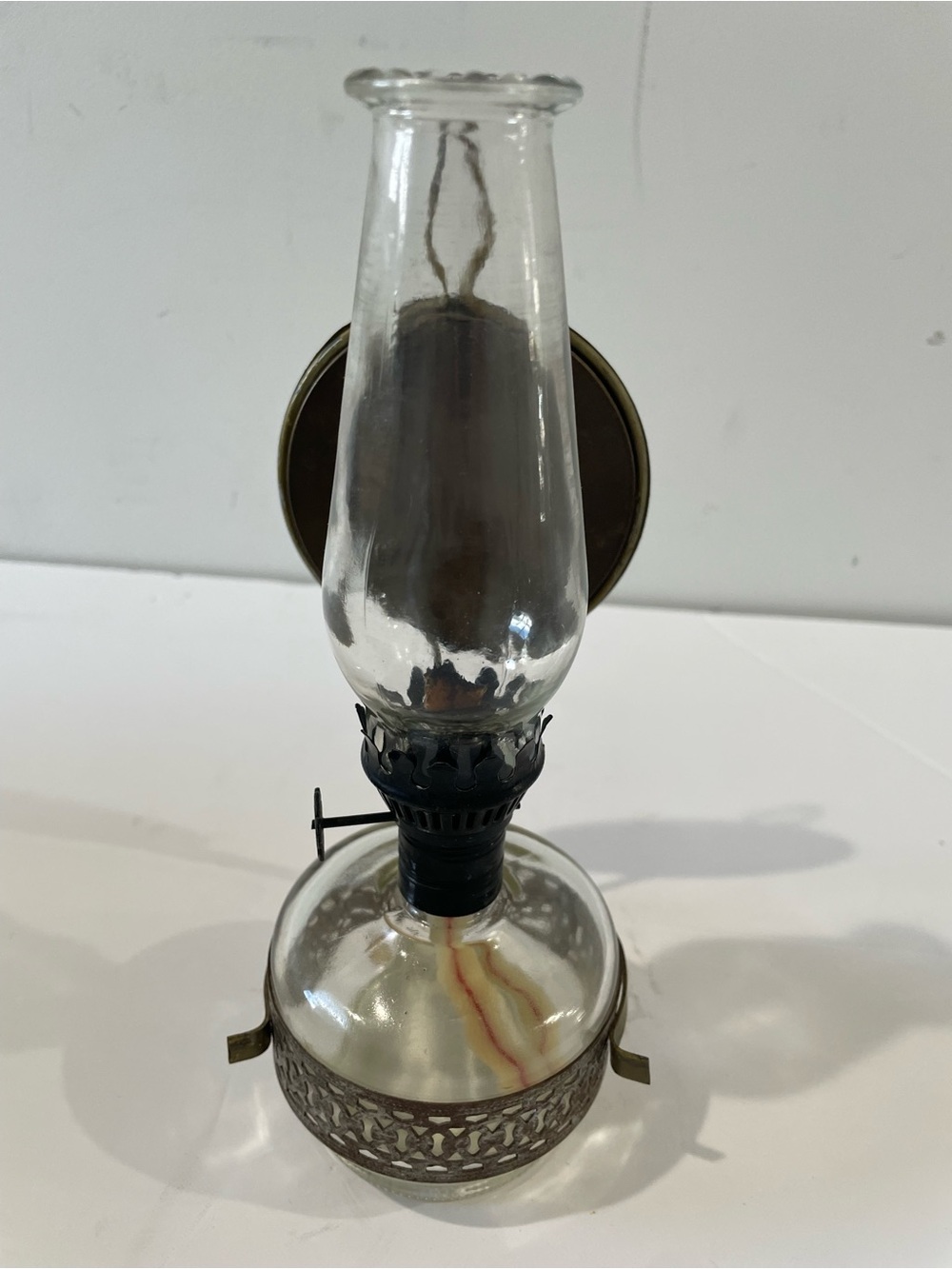 Small Wall Hanging Kerosene Lantern Vintage Glass & Metal 8.5” Japan Brass Lamp